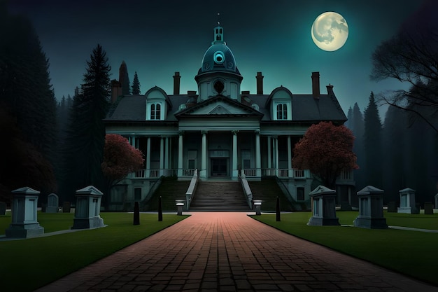 Uma mansão assombrada com uma lua cheia atrás dela