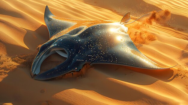 Uma manta-rai é adornada com jóias de ouro e turquesa nadando graciosamente acima do deserto