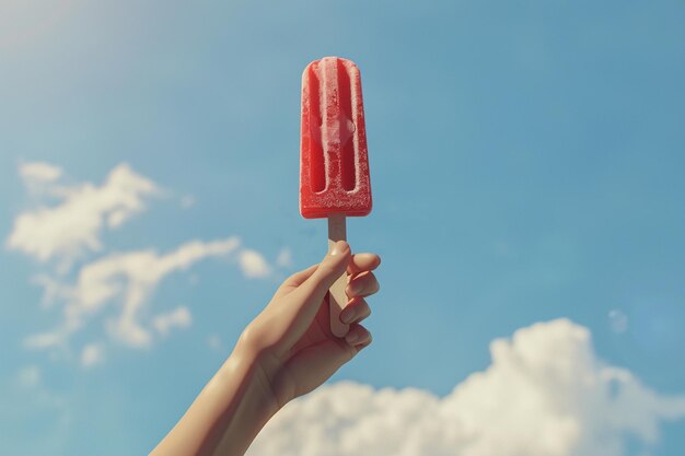 Uma mão alcançando um gelado de frutas refrescante em