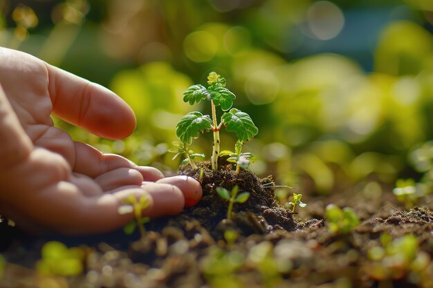 Uma mão alimentando uma planta jovem no solo com um fundo ensolarado