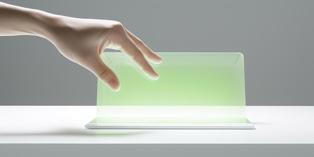 uma mão apontando um tablet com tela de toque no estilo verde claro e branco