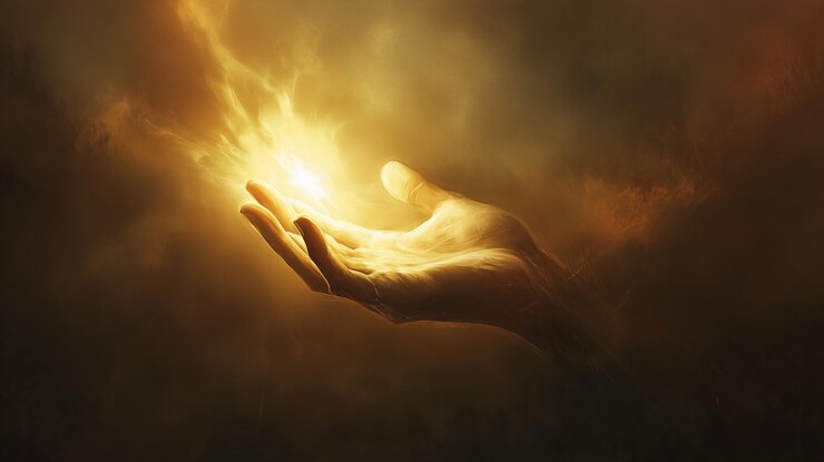 Foto uma mão brilhante emerge de um nevoeiro místico irradiando luz em uma atmosfera surreal no crepúsculo