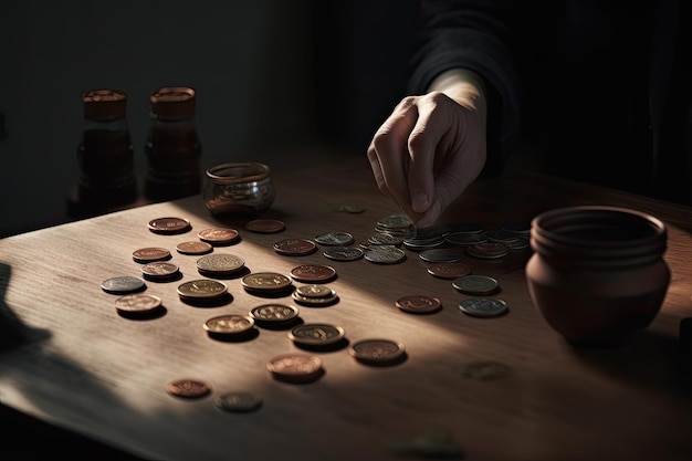 Uma mão colocando moedas em uma mesa de madeira