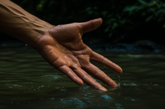 Foto uma mão com água a gotejar e a palavra mão sobre ela