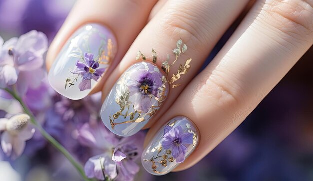 uma mão com flores roxas e unhas brilhantes douradas no estilo de aquarelas realistas