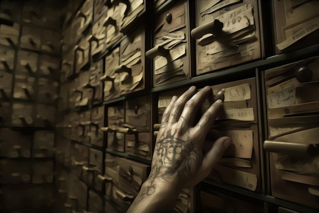 Foto uma mão com tatuagem tocando um arquivo antigo