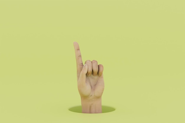 Uma mão com um dedo indicador levantado em uma renderização 3D de fundo amarelo