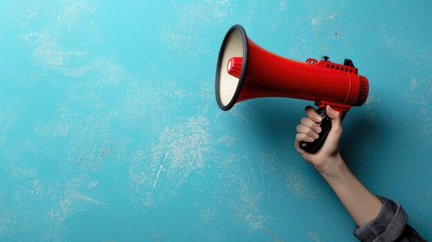 Uma mão com um megafone vermelho em um fundo azul