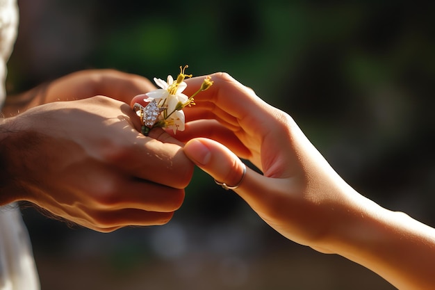 Uma mão dando uma flor para uma mulher