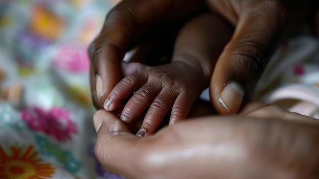 Uma mão de bebê segurando um dedo adulto representando a nova vida e a população no Dia Mundial da População
