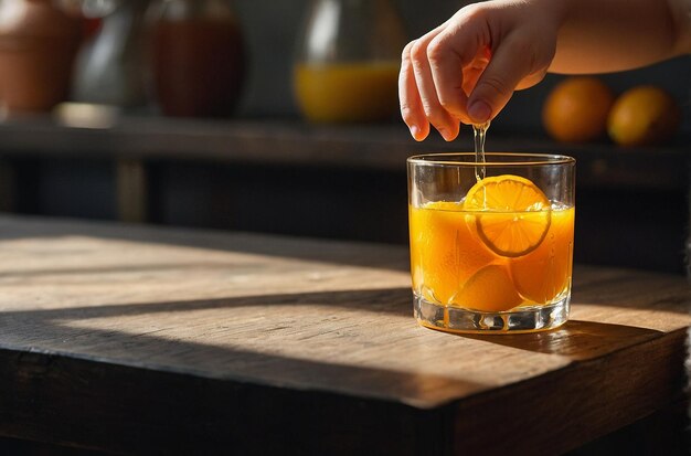 Uma mão de criança alcançando um copo de suco de laranja