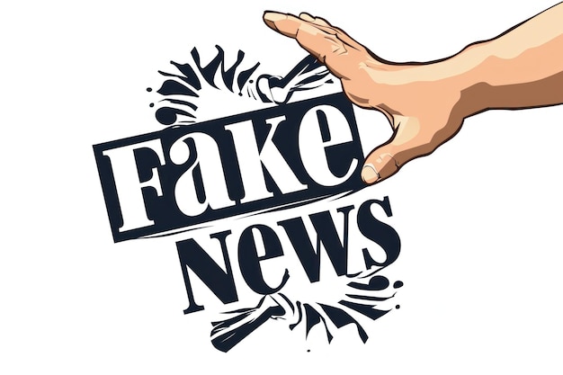 Uma mão de desenho animado esmaga as palavras Fake News com impacto dinâmico Uma mão em forma de pé e uma inscrição sobre ela Fake News Símbolo preto Texto de Fake News em close-up