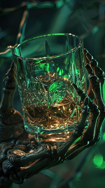 uma mão de esqueleto segurando um copo de uísque no copo é um uísque brilhante com gelo