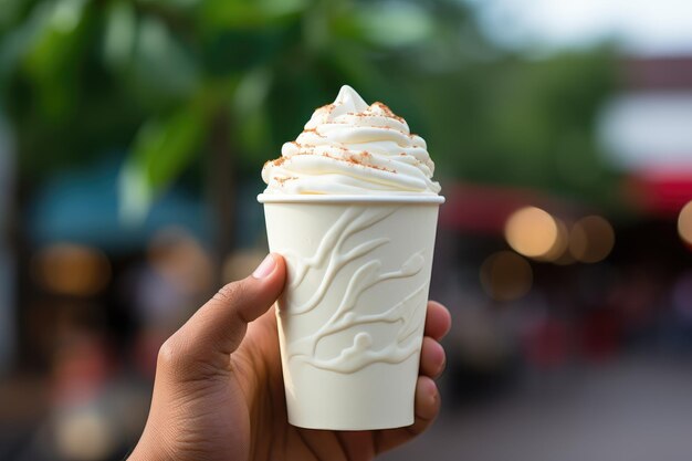 Uma mão de homem segura um copo de papel branco com sorvete cremoso Um copo de sorvete com salpicaduras Natura