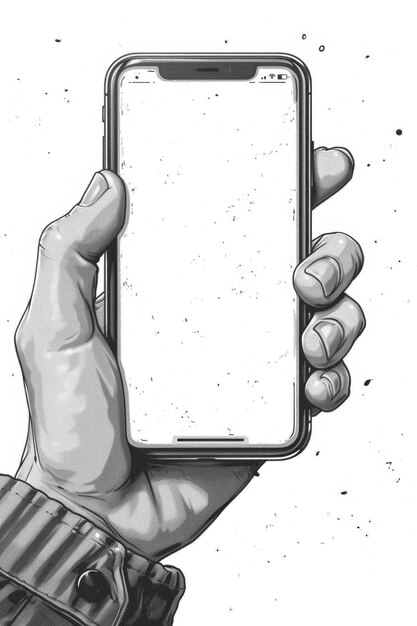 Foto uma mão de homem segurando um smartphone preto com uma tela em branco destacada em um fundo branco ilustração