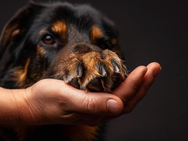 Uma mão de homem segurando uma pata de cão