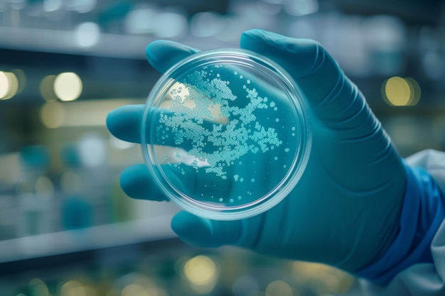 Uma mão de luva segura uma placa de Petri com uma cultura bacteriana uma placa de agar cheia de microbactérias e microorganismos