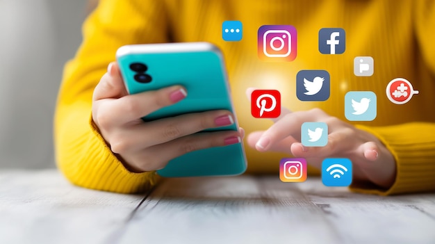 Uma mão de menina bonita usando um smartphone com ícone de mídia social flutuando em HD
