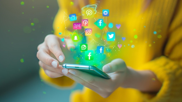 Uma mão de menina bonita usando um smartphone com ícone de mídia social flutuando em HD