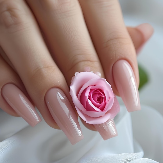 Uma mão de mulher com uma rosa rosa