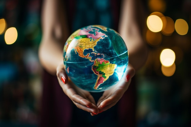 Foto uma mão de mulher levantando um pequeno globo terrestre de brinquedo com fundo desfocado k bokeh documentário