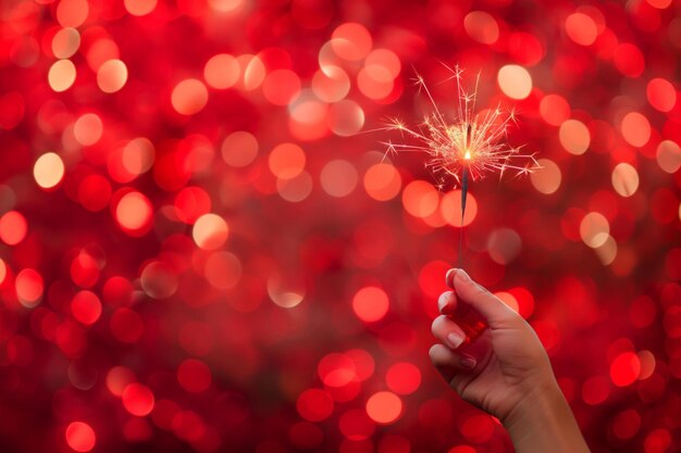 Uma mão de mulher segura um fogos de artifício em mão contra um fundo bokeh vermelho com espaço para texto