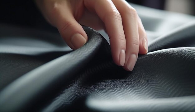 Uma mão de mulher segurando um tecido de seda azul liso em close-up gerado por inteligência artificial