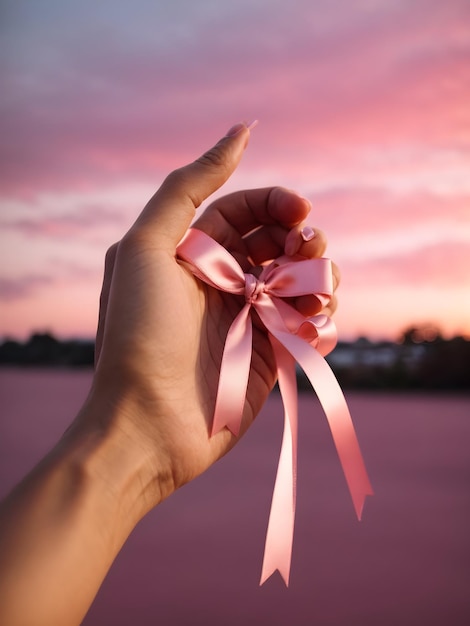 Uma mão de mulher segurando uma fita rosa com um fundo de céu rosa