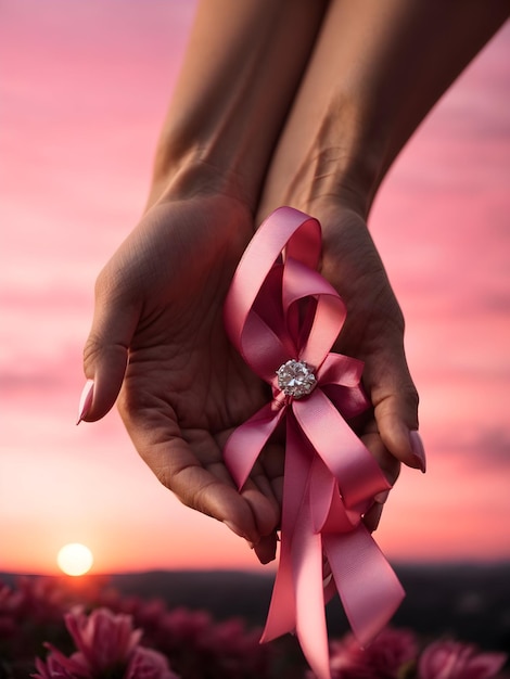 Uma mão de mulher segurando uma fita rosa com um fundo de céu rosa
