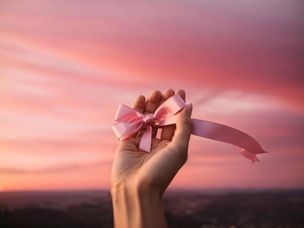 Uma mão de mulher segurando uma fita rosa com um fundo de céu rosa