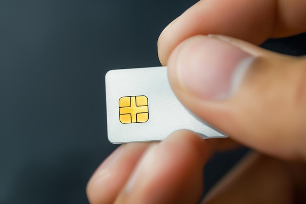 Uma mão de pessoa segurando um cartão SIM com os dedos agarrando suavemente o pequeno chip eletrônico
