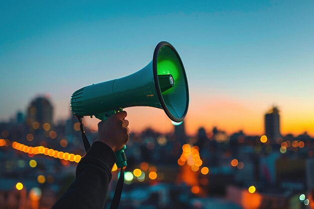 Uma mão de pessoa segurando um megafone verde com um horizonte urbano no fundo ao anoitecer