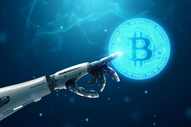 Uma mão de robô android em um fundo azul aponta para uma moeda bitcoin. Conceito futuro, inteligência artificial, dinheiro eletrônico, moeda criptográfica. renderização 3D, ilustração 3D.
