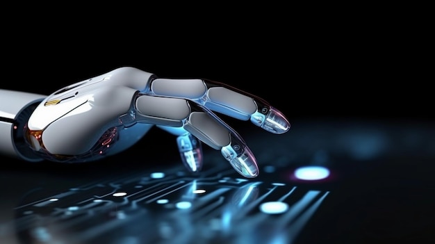 Uma mão de robô está tocando um teclado com fundo preto.