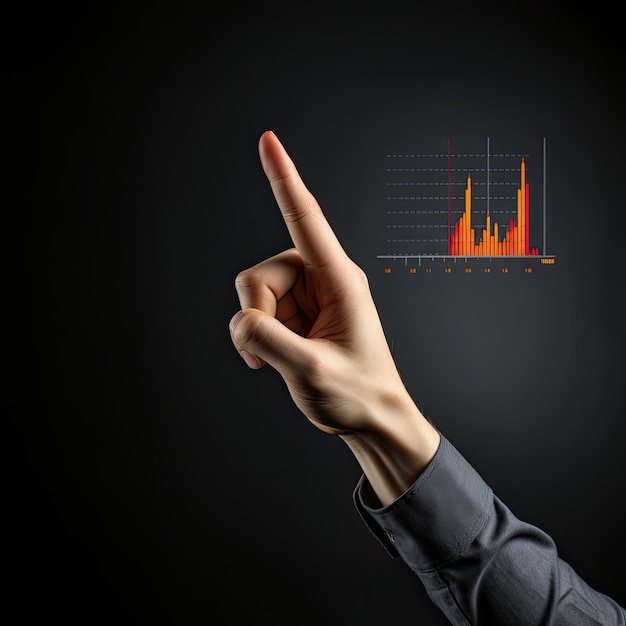 Uma mão de um homem apontando contra o fundo do gráfico de ações