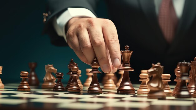 Uma mão de uma pessoa de negócios colocando moedas com confiança foto ilustração realista generative ai man hand chess board