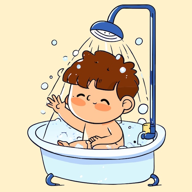 uma mão desenhando um menino bonito chuveiro na casa de banho desenho animado ilustração vetorial plano 2