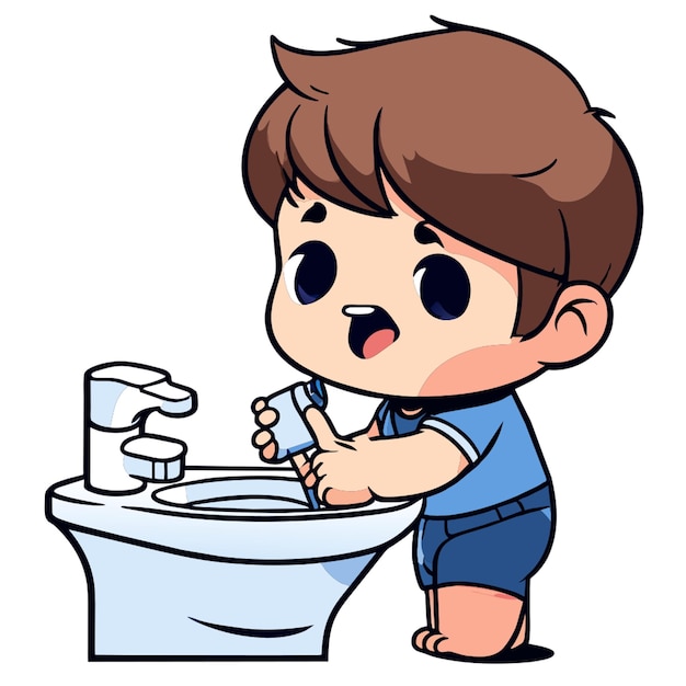 uma mão desenhando um menino bonito escovando dentes na casa de banho desenho animado ilustração vetorial plano 2