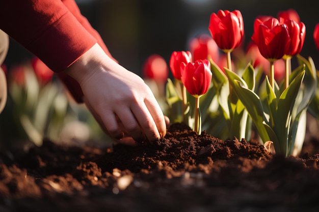 Uma mão desenterra para plantar tulipas