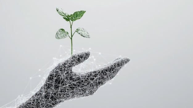 Uma mão digital alimentando uma planta jovem