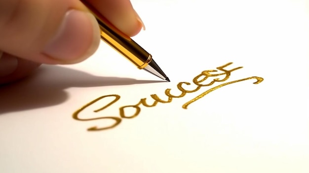 Uma mão escrevendo a palavra sucesso com uma caneta dourada IA generativa