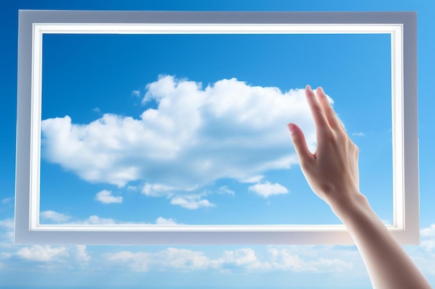 Foto uma mão está apontando para uma janela e as nuvens estão no céu