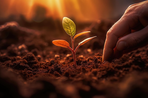 Uma mão está plantando uma muda no solo.