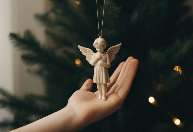 Uma mão está segurando um pequeno ornamento de anjo em um natal