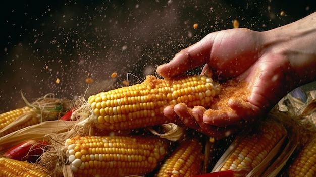 Uma mão está segurando uma espiga de milho
