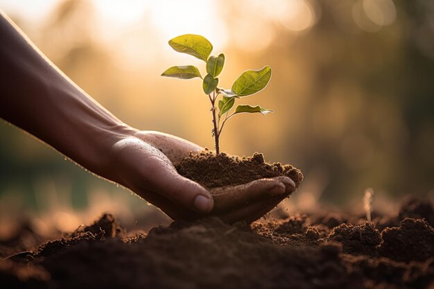 Uma mão está segurando uma pequena planta no solo.