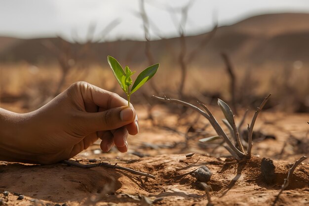 Foto uma mão está segurando uma pequena planta verde em um pôster de terra de ambiente seco