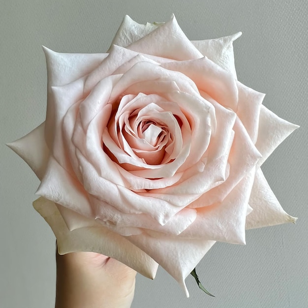 Uma mão está segurando uma rosa que é rosa e branca.