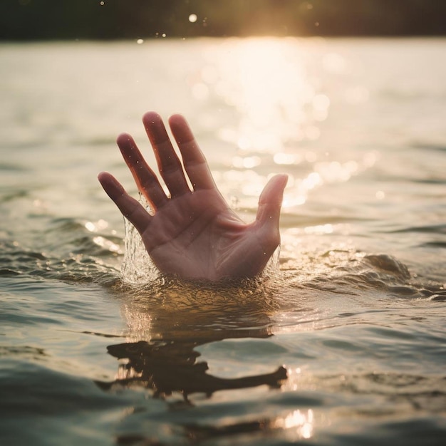 uma mão está submersa na água com o sol a brilhar na água.