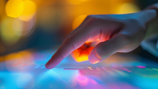uma mão está tocando um mouse de computador com um fundo colorido